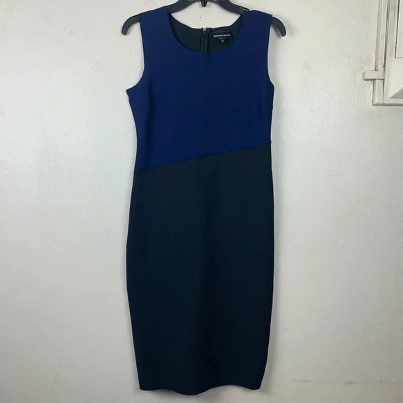 Emporio Armani Dress Black Blue Fitted Career Sleeveless Color block 42 Midi - Picture 1 of 7